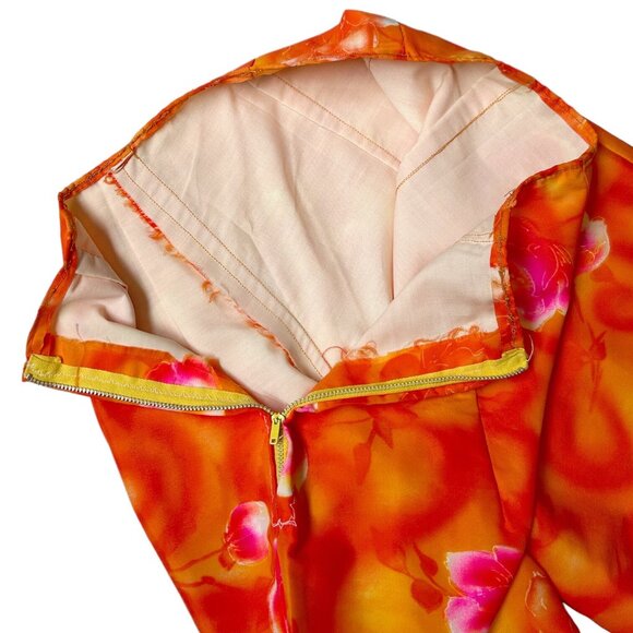 60s vintage highwaisted flare pants psychedelic pattern print orange roses. - Picture 5 of 7
